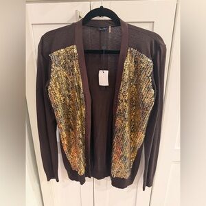 NWT Magaschoni Dark Brown Cardigan with Gold Sequins Size Small